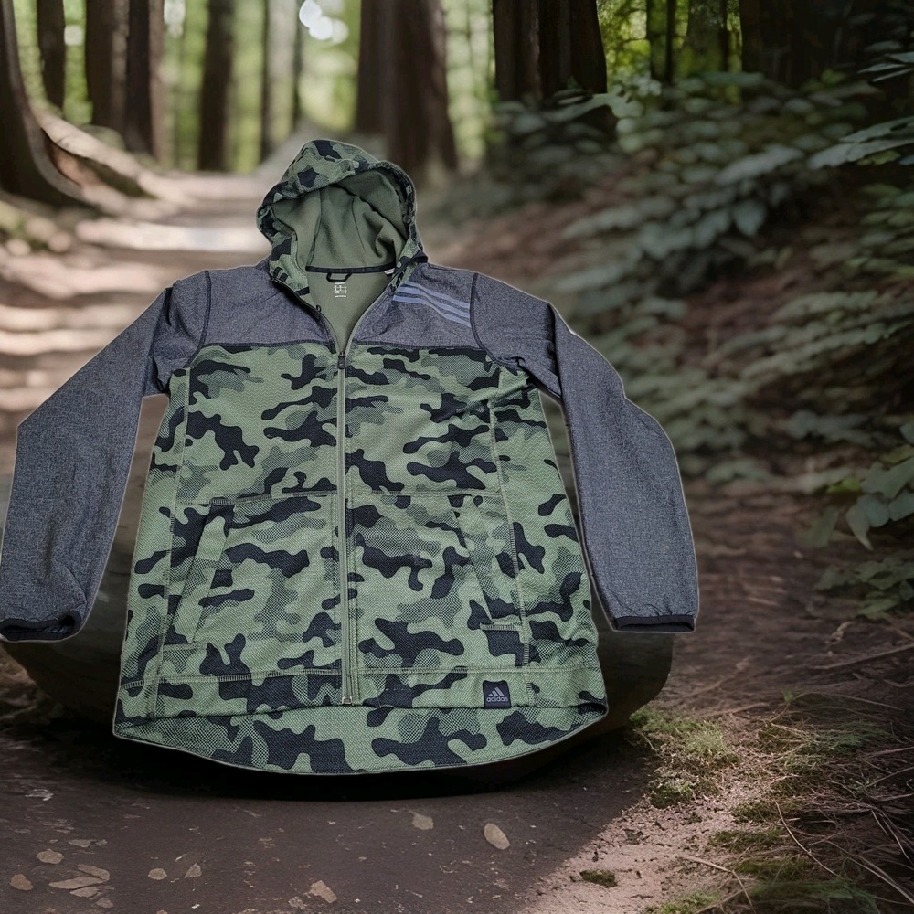 Adidas Men's Medium Camo Fleece-Lined Hooded Jacket – Full Zip Reflective Detail